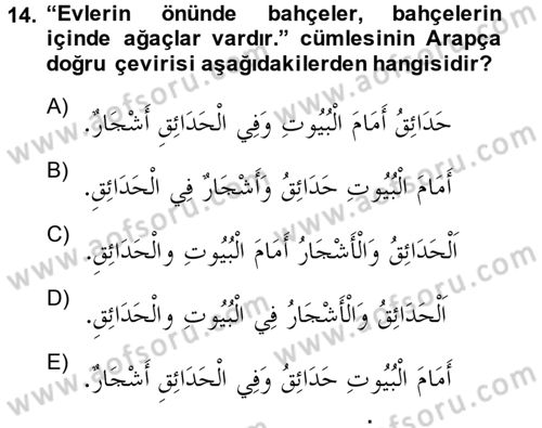 Arapça 2 Dersi 2014 - 2015 Yılı (Final) Dönem Sonu Sınav Soruları 14. Soru