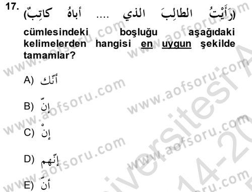 Arapça 2 Dersi 2014 - 2015 Yılı Tek Ders Sınav Soruları 17. Soru