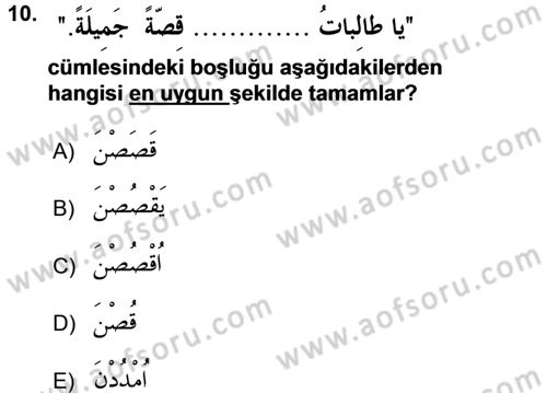 Arapça 2 Dersi 2015 - 2016 Yılı (Vize) Ara Sınav Soruları 10. Soru