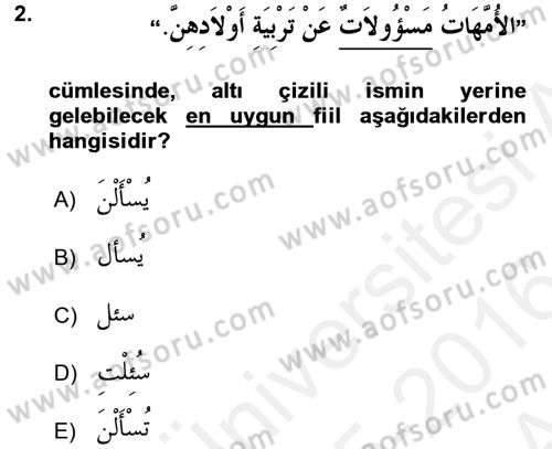 Arapça 2 Dersi 2015 - 2016 Yılı (Vize) Ara Sınav Soruları 2. Soru