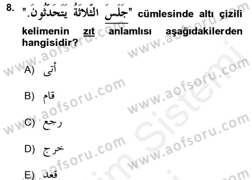 Arapça 2 Dersi 2015 - 2016 Yılı (Vize) Ara Sınav Soruları 8. Soru