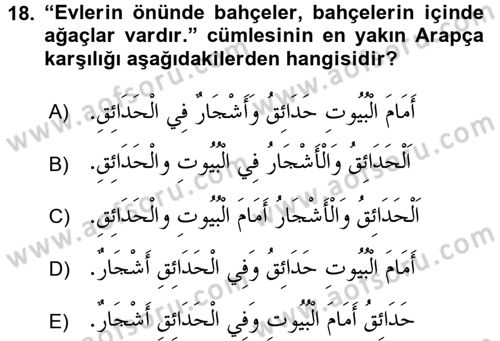 Arapça 2 Dersi 2015 - 2016 Yılı Tek Ders Sınav Soruları 18. Soru