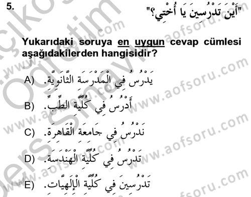 Arapça 2 Dersi 2016 - 2017 Yılı 3 Ders Sınav Soruları 5. Soru