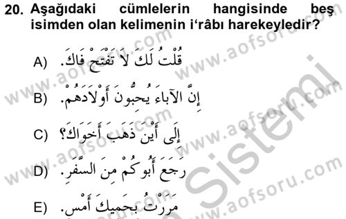 Arapça 2 Dersi 2016 - 2017 Yılı (Vize) Ara Sınav Soruları 20. Soru