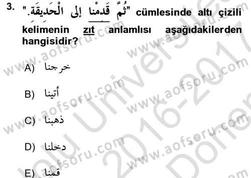 Arapça 2 Dersi 2016 - 2017 Yılı (Final) Dönem Sonu Sınav Soruları 3. Soru