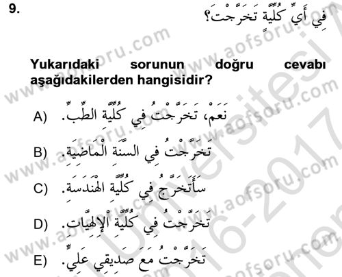 Arapça 2 Dersi 2016 - 2017 Yılı (Final) Dönem Sonu Sınav Soruları 9. Soru