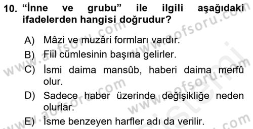 Arapça 2 Dersi 2017 - 2018 Yılı 3 Ders Sınav Soruları 10. Soru
