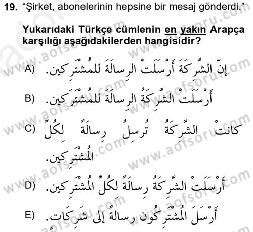 Arapça 2 Dersi 2017 - 2018 Yılı 3 Ders Sınav Soruları 19. Soru