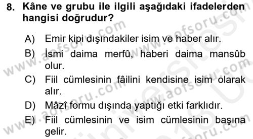 Arapça 2 Dersi 2017 - 2018 Yılı 3 Ders Sınav Soruları 8. Soru