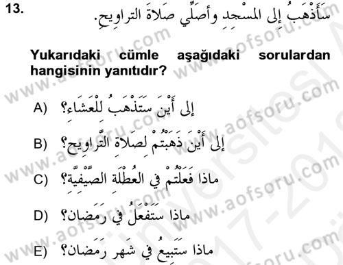 Arapça 2 Dersi 2017 - 2018 Yılı (Vize) Ara Sınav Soruları 13. Soru