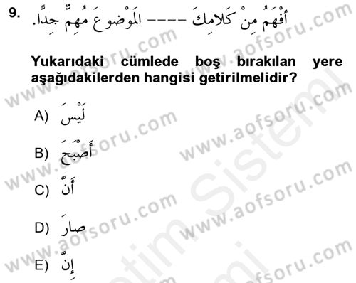 Arapça 2 Dersi 2017 - 2018 Yılı (Final) Dönem Sonu Sınav Soruları 9. Soru