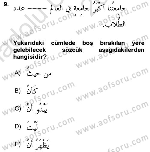 Arapça 2 Dersi 2018 - 2019 Yılı 3 Ders Sınav Soruları 9. Soru