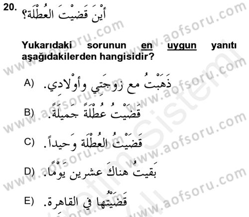 Arapça 2 Dersi 2018 - 2019 Yılı (Vize) Ara Sınavı 20. Soru