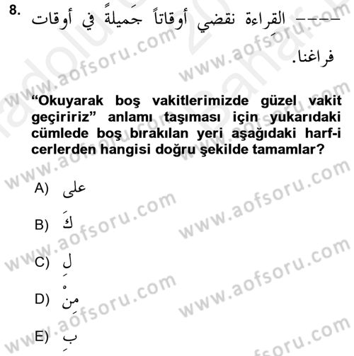 Arapça 2 Dersi 2018 - 2019 Yılı (Vize) Ara Sınav Soruları 8. Soru