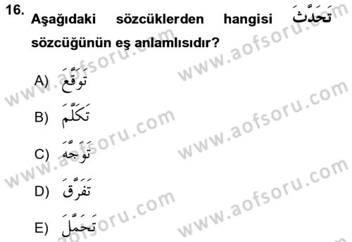 Arapça 2 Dersi 2018 - 2019 Yılı (Final) Dönem Sonu Sınav Soruları 16. Soru