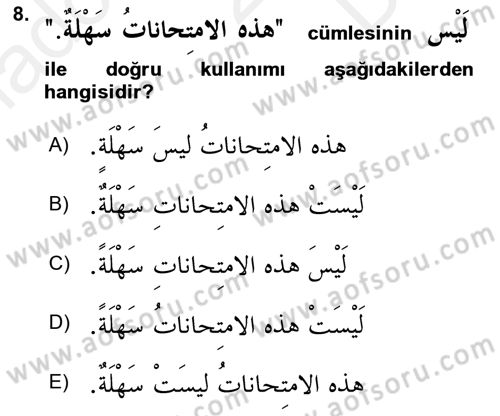 Arapça 2 Dersi 2018 - 2019 Yılı (Final) Dönem Sonu Sınav Soruları 8. Soru