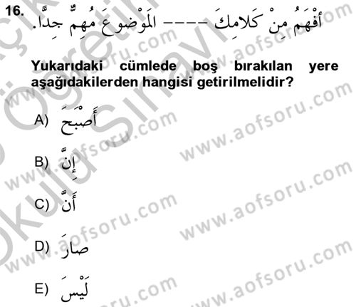 Arapça 2 Dersi 2018 - 2019 Yılı Yaz Okulu Sınav Soruları 16. Soru