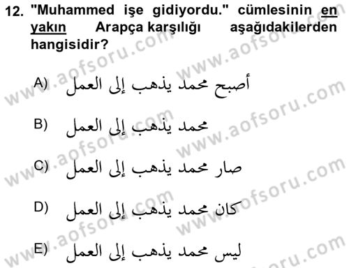 Arapça 2 Dersi 2020 - 2021 Yılı Yaz Okulu Sınav Soruları 12. Soru