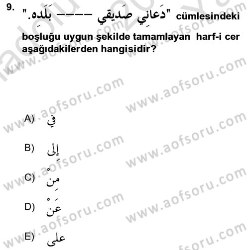 Arapça 2 Dersi 2020 - 2021 Yılı Yaz Okulu Sınav Soruları 9. Soru