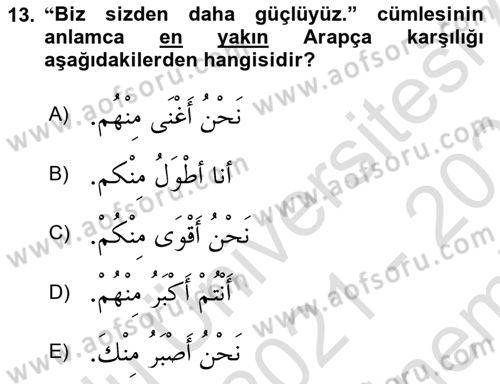 Arapça 2 Dersi 2021 - 2022 Yılı (Final) Dönem Sonu Sınavı 13. Soru