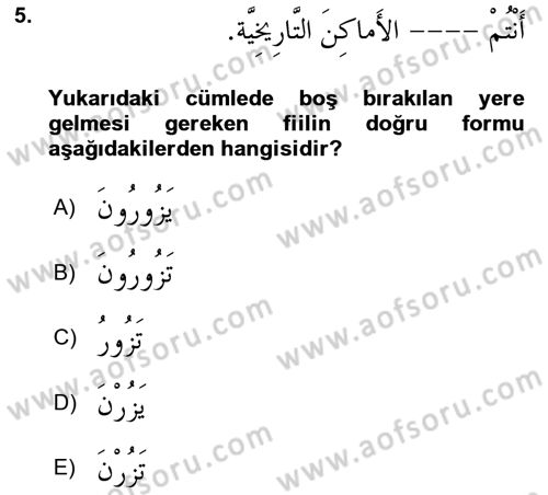 Arapça 2 Dersi 2021 - 2022 Yılı Yaz Okulu Sınav Soruları 5. Soru