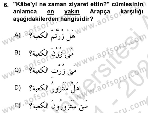 Arapça 2 Dersi 2021 - 2022 Yılı Yaz Okulu Sınav Soruları 6. Soru