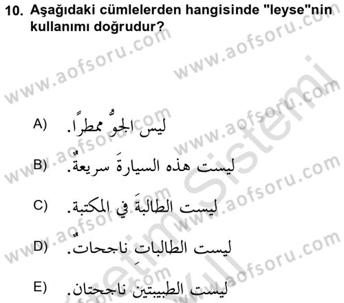 Arapça 2 Dersi 2022 - 2023 Yılı Yaz Okulu Sınav Soruları 10. Soru