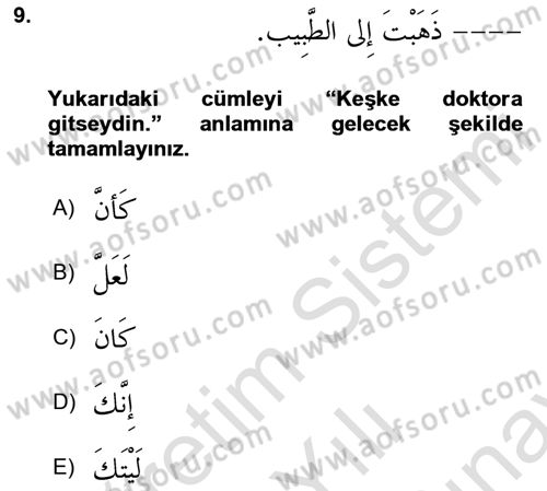 Arapça 2 Dersi 2023 - 2024 Yılı (Final) Dönem Sonu Sınav Soruları 9. Soru
