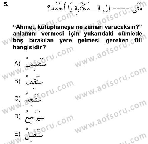 Arapça 2 Dersi 2023 - 2024 Yılı Yaz Okulu Sınav Soruları 5. Soru