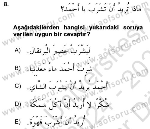Arapça 2 Dersi 2024 - 2025 Yılı (Vize) Ara Sınav Soruları 8. Soru