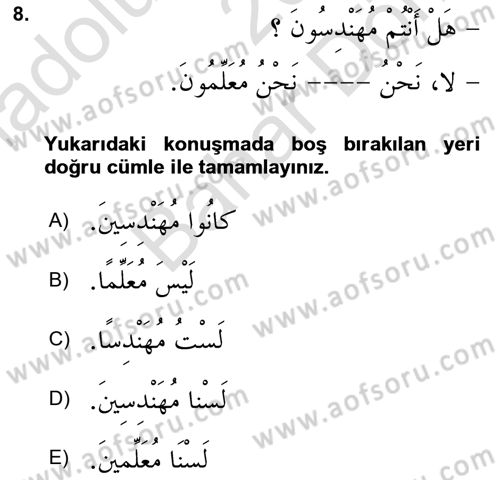 Arapça 2 Dersi 2024 - 2025 Yılı (Final) Dönem Sonu Sınav Soruları 8. Soru