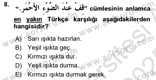 Arapça 2 Dersi 2024 - 2025 Yılı Yaz Okulu Sınav Soruları 8. Soru