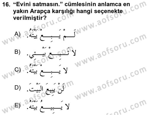Arapça 2 Dersi 2025 - 2026 Yılı (Vize) Ara Sınav Soruları 16. Soru