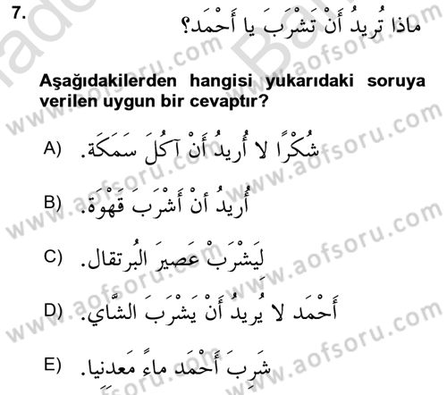 Arapça 2 Dersi 2025 - 2026 Yılı (Vize) Ara Sınav Soruları 7. Soru
