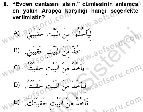Arapça 2 Dersi 2025 - 2026 Yılı (Vize) Ara Sınav Soruları 8. Soru