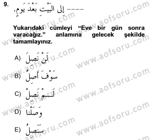 Arapça 2 Dersi 2025 - 2026 Yılı (Vize) Ara Sınav Soruları 9. Soru