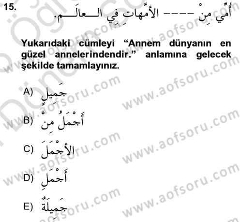 Arapça 2 Dersi 2025 - 2026 Yılı (Final) Dönem Sonu Sınav Soruları 15. Soru