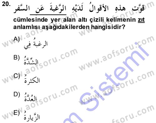 Arapça 3 Dersi 2014 - 2015 Yılı (Vize) Ara Sınav Soruları 20. Soru