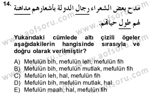 Arapça 3 Dersi 2014 - 2015 Yılı (Final) Dönem Sonu Sınav Soruları 14. Soru