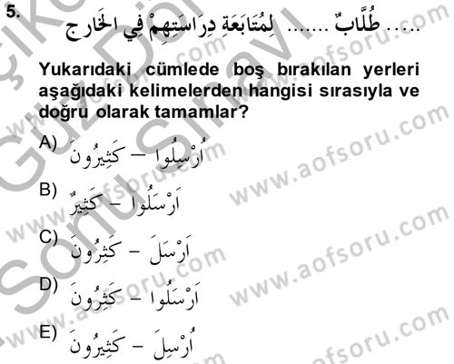 Arapça 3 Dersi 2014 - 2015 Yılı (Final) Dönem Sonu Sınav Soruları 5. Soru