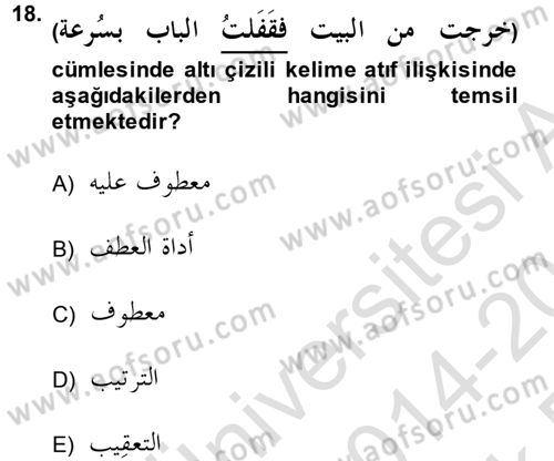 Arapça 3 Dersi 2014 - 2015 Yılı Tek Ders Sınav Soruları 18. Soru