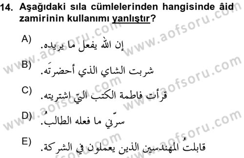 Arapça 3 Dersi 2015 - 2016 Yılı (Vize) Ara Sınav Soruları 14. Soru