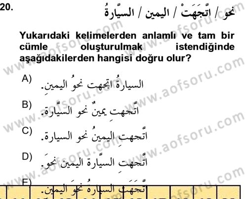 Arapça 3 Dersi 2015 - 2016 Yılı (Vize) Ara Sınav Soruları 20. Soru