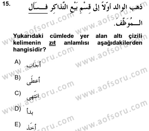 Arapça 3 Dersi 2015 - 2016 Yılı (Final) Dönem Sonu Sınav Soruları 15. Soru