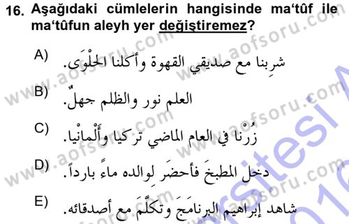 Arapça 3 Dersi 2015 - 2016 Yılı (Final) Dönem Sonu Sınav Soruları 16. Soru