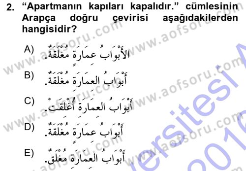 Arapça 3 Dersi 2015 - 2016 Yılı (Final) Dönem Sonu Sınav Soruları 2. Soru
