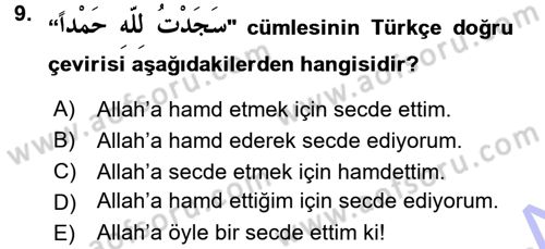 Arapça 3 Dersi 2015 - 2016 Yılı (Final) Dönem Sonu Sınav Soruları 9. Soru