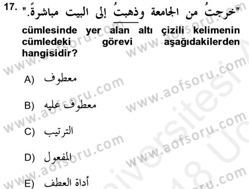 Arapça 3 Dersi 2017 - 2018 Yılı 3 Ders Sınav Soruları 17. Soru