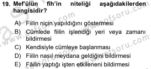 Arapça 3 Dersi 2017 - 2018 Yılı (Vize) Ara Sınav Soruları 19. Soru