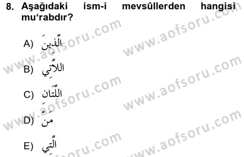 Arapça 3 Dersi 2017 - 2018 Yılı (Vize) Ara Sınav Soruları 8. Soru